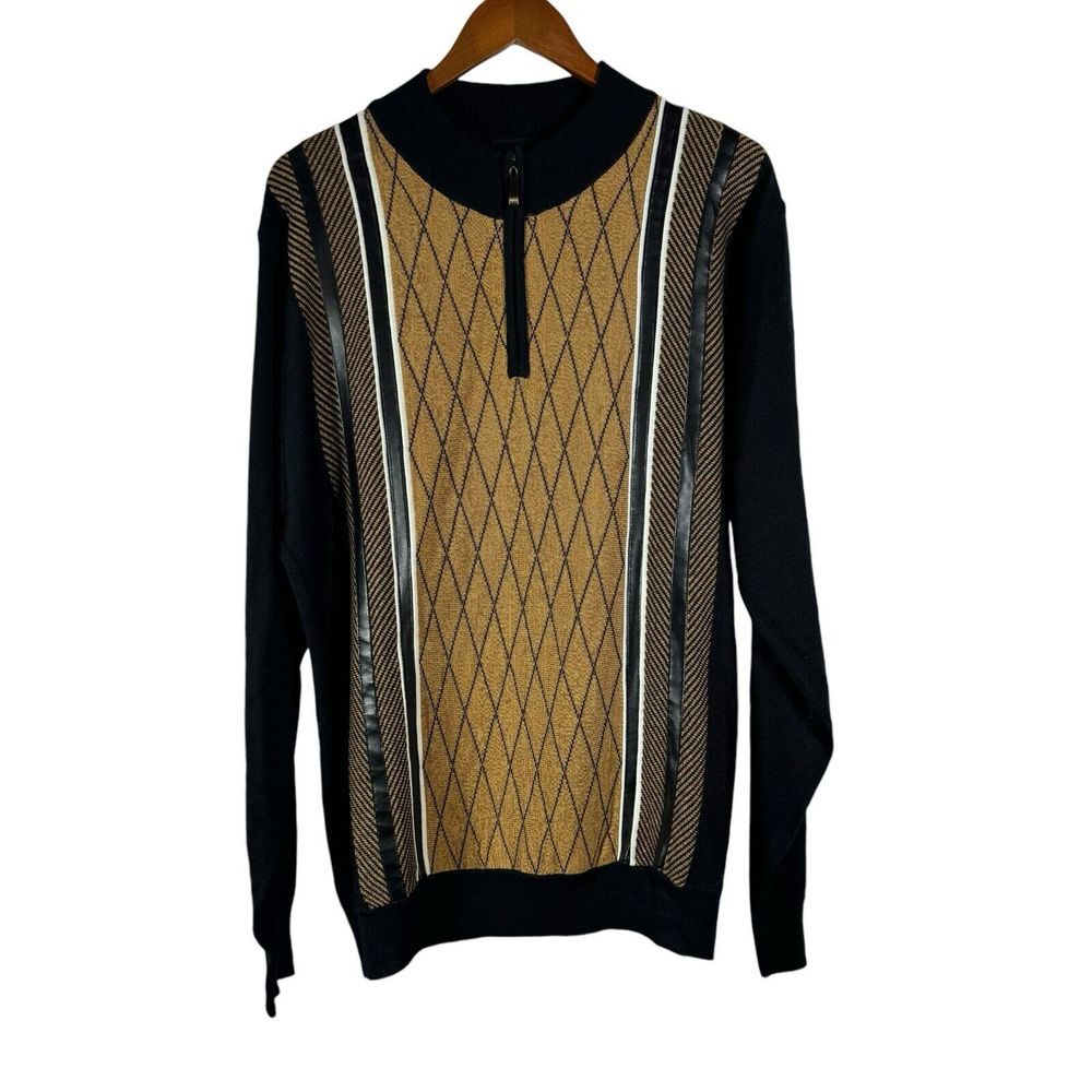 Miko Men's Sweater  XL Lightweight‎ wool/Acrylic blend w geometric Faux Leather